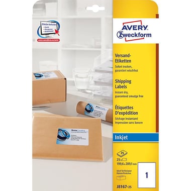 Avery Zweckform Shipping Labels, 199.6 mm X 289.1 mm, Rectangle, White, 25 Labels/Pack