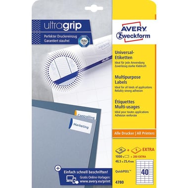 Avery Zweckform UltraGrip Multipurpose Labels, 48.5 mm X 25.4 mm, Rectangle, White, 40 Labels/Pack