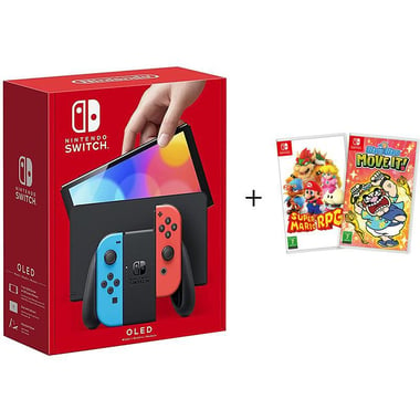 Nintendo Joy-Con (Neon Blue/Neon Red), 64 GB, Bundle with Super Mario RPG+Wario Ware:Move IT, White