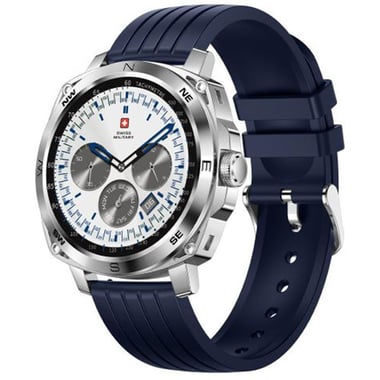 Swiss Military Dom 4 Smartwatch, 1.43", Silver Metal Case, Blue Silicon Strap