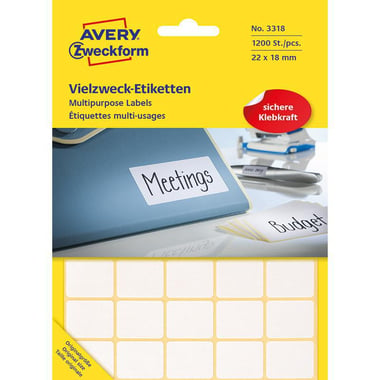 Avery Zweckform Multipurpose Labels, A6 - 22 X 18 mm, Rectangle, White, 1200 Labels