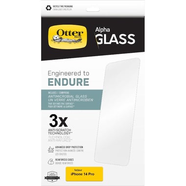OtterBox Alpha Glass Smartphone Screen Protector, Antimicrobial Glass, for iPhone 14 Pro