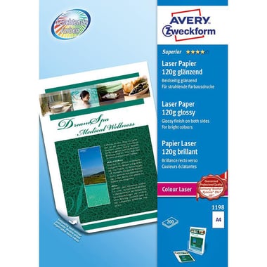 Avery Zweckform Colour Laser Photo Paper, Glossy, White, A4, 120 gsm, 200 Sheets