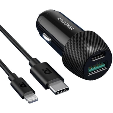 RAVPower 2-Port Car Charger Combo, USB PD (Power Delivery), 49 Watts, Dual USB (USB-A/USB-C), Black