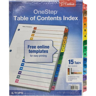 Cardinal OneStep Index Divider, Letter, 1/15 Tab Cut, Numeric Tab Type, Assorted Tab Color, Paper