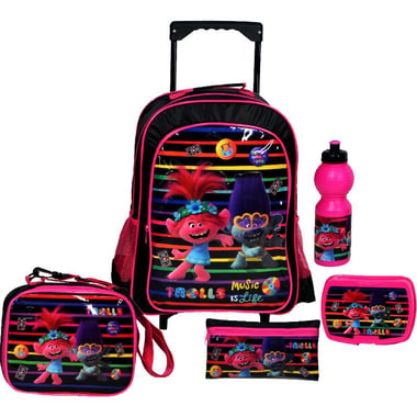 Universal Studios Trolls 2 World Tour, 5-in-1 Value Set Trolley Bag with Accessory, Black/Pink