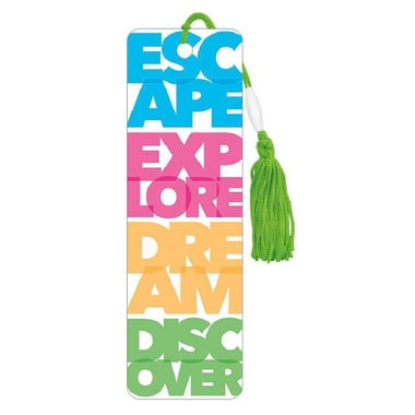 Antioch Beaded Bookmark, "Escape, Explore, Dream, Discover", Laminated Board/String