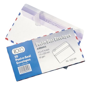 Roco Peel-n-Seal Airmail Envelopes, Paper, Adhesive, 225.00 mm ( 8.85 in )X 115.00 mm ( 4.52 in ), White