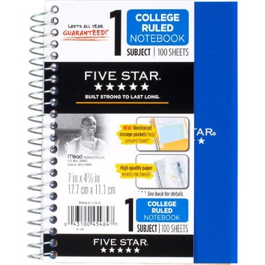 Five Star Notebook, 5" X 7", 200 Pages (100 Sheets), College Ruled