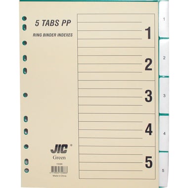 JIC Index Divider, A4, 1/5 Tab Cut, Numeric Tab Type, Clear Tabs, Polypropylene