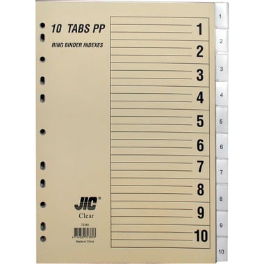 JIC Index Divider, A4, 1/10 Tab Cut, Numeric Tab Type, Clear Tabs, Polypropylene