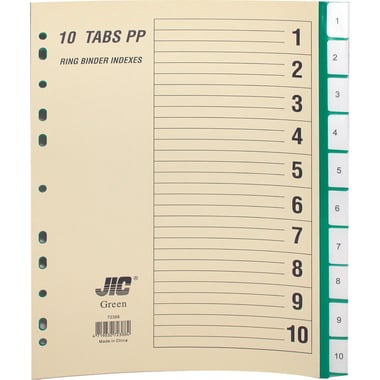 JIC Index Divider, A4, 1/10 Tab Cut, Numeric Tab Type, Green Tab Color, Polypropylene