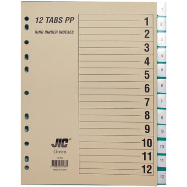 JIC Index Divider, A4, 1/12 Tab Cut, Numeric Tab Type, Clear Tabs, Polypropylene