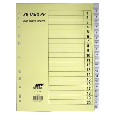 JIC Index Divider, A4, 1/20 Tab Cut, Numeric Tab Type, Clear Tabs, Polypropylene