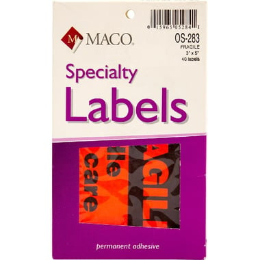 Maco Shipping Labels, A5, Rectangle "Fragile, Handle with Care", Orange, 40 Labels