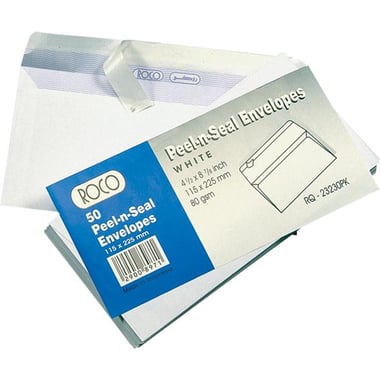 Roco Peel-n-Seal White Envelopes, Paper, Adhesive, 225.00 mm ( 8.85 in )X 115.00 mm ( 4.52 in ), White