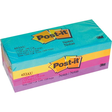 3M Post-it 653 Trendy Self Stick Notes, Rectangle, 1.5" X 2", 1200 Notes, Blue;Pink;Purple;Yellow