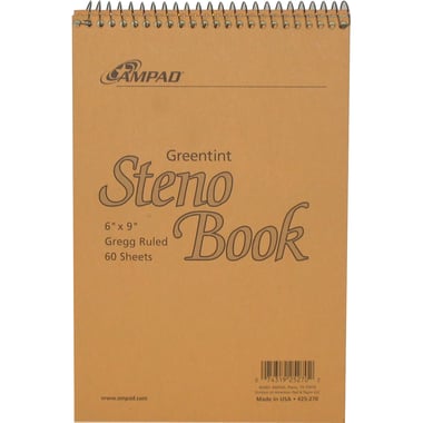 Ampad Greentint Steno Notebook, 6" X 9", 120 Pages (60 Sheets), Gregg Ruled, Green/White