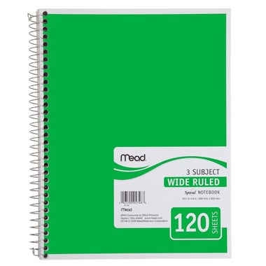 Mead Notebook, 7.5" X 10.5", 240 Pages (120 Sheets), 3 Subjects, Wide Ruled,