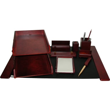 Desk Set, 9 Components, Metal/Wood/Vinyl, Mahogany