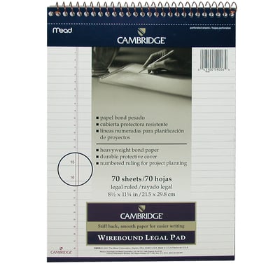 Cambridge Premium Writing Pad, A4, 70 Sheets (140 Pages), Legal Ruled (Numbered), White