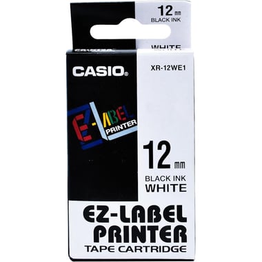 Casio EZ-Label XR-12 Label Printer Tape, 12 mm, Ink: Black/Tape: White
