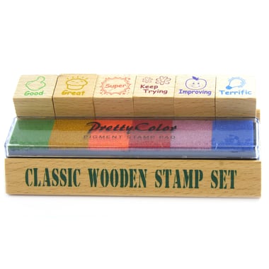 Good/Great/Keep Trying/Improving/Terrific Stamp Set, Classy Wooden, Assorted Ink Color