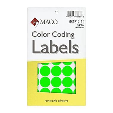Maco Color Coding Labels, A6 - .75" (Diameter), Round, Green, 1000 Labels