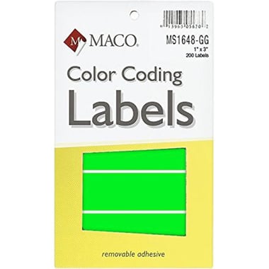 Maco Color Coding Labels, A6 - 1" X 3", Rectangle, Green, 200 Labels
