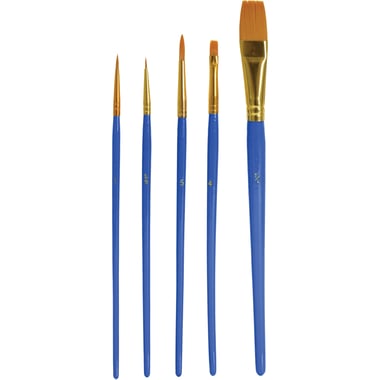 Short Handle Artist Brush, Gold Synthetic, Flat/Round, Watercolor, Acrylic, Craft Paints, 5 Pieces