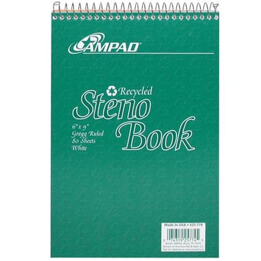 Ampad Steno Notebook, Recycled, 6" X 9", 160 Pages (80 Sheets), Gregg Ruled, White