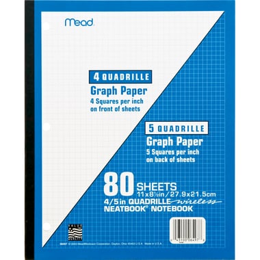Mead Neatbook Graph Notebook, 4/5 Quadrille Neatbook, Letter, 160 Pages (80 Sheets), Quad Ruled, Blue/White
