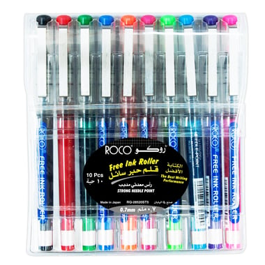 Roco Free Ink Roller Liquid Ink Pen, Assorted Ink Color, 0.7 mm, Needle Tip, 10 Pieces