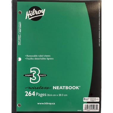 Hilroy Neatbook Notebook, Neat Sheet, 8.5" X 10.5", 264 Pages (132 Sheets), 3 Subjects, Single Ruled