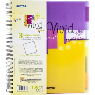 Mintra Vivid Notebook, Letter, 300 Pages (150 Sheets), 3 Subjects, College Ruled