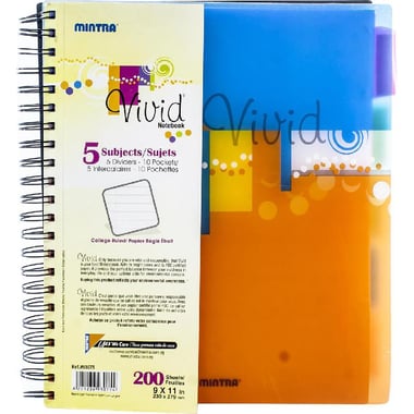 Mintra Vivid Notebook, Letter, 400 Pages (200 Sheets), 5 Subjects, College Ruled