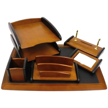 Desk Set, 6 Components, Metal/Rosewood/Vinyl, Brass/Brown