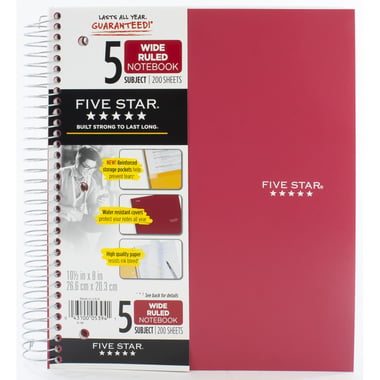 Five Star Notebook, 8" X 10.5", 400 Pages (200 Sheets), 5 Subjects, Wide Ruled,