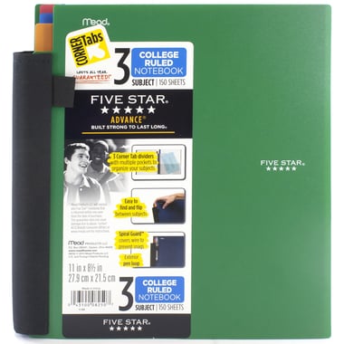 Five Star Advance Notebook, Solid, 8.5" X 11", 300 Pages (150 Sheets), 3 Subjects, College Ruled,