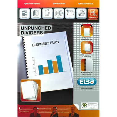Elba Unpunched Index Divider, A4, 1/5 Tab Cut, Blank Tab Type, White Tab Color, Card Stock