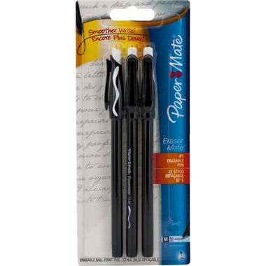 Paper Mate EraserMate Erasable Pen, Black Ink Color, 0.7 mm, Ballpoint, 3 Pieces