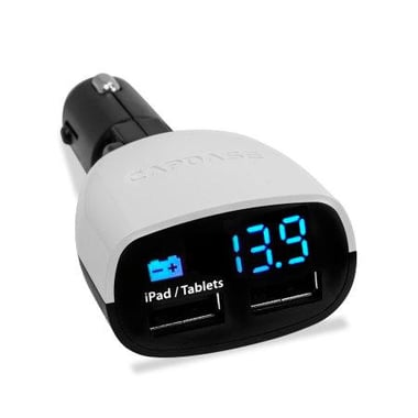 Capdase Monitor T2 Tablet Car Charger, Fast Battery Charging, 5 Volts, Dual USB, Black/White