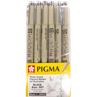Sakura Pigma Micron Drawing Pen, Black Ink Color, 0.25;0.3;0.35;0.4;0.45;0.5 mm, Fine Tip, 6 Pieces