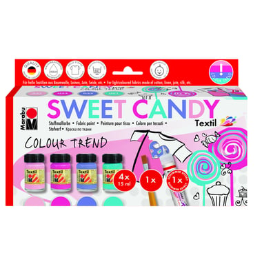 Marabu TEXTIL Sweet Candy Colour Trend Fabric Paint;Brush;Liner Fabric Painting, 15.00 ml ( .53 oz ), 6 Pieces