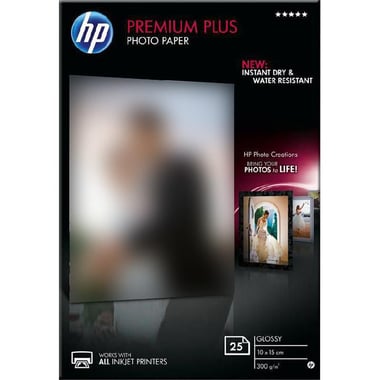 HP Premium Plus Photo Paper, Glossy, White, 10 X 15 cm, 300 gsm, 25 Sheets