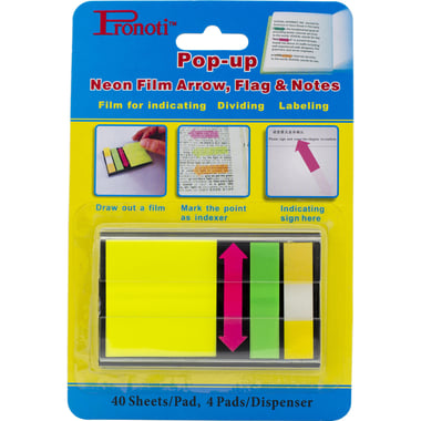 Pronoti Die-Cut Self Stick Notes, Pop-up Neon Film Arrow, Flag & Note, 160 Notes, Assorted Color