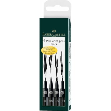 Faber-Castell PITT Artist Drawing Pen, Black Ink Color, B;SB;SC;1.5 mm, Assorted Point Type, 4 Pieces