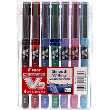 Pilot V5 Hi-Tecpoint Liquid Ink Pen, Assorted Ink Color, 0.5 mm, Needle Tip, 7 Pieces