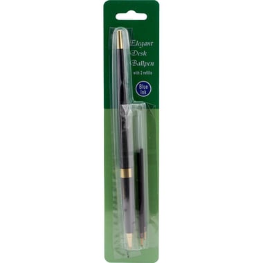 Black Desk Pen Set, Blue Ink Color, Medium, Ballpoint, 1 Pen + 2 Refill