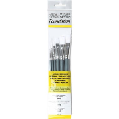 Winsor & Newton Foundation Short Handle Artist Brush, Synthetic White, Flat/Round/Filbert, for Acrylic, Round: 3/6, Filbert: 3/6, Flat: 10/14, 6 Pieces